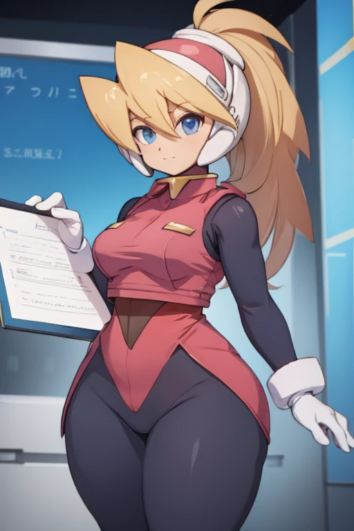 (masterpiece, Best Quality), 1 girl, eggmaam, big breasts, Wide hips, narrow waist, 1 girl, Alone, Orange hair, by the wide, Red jacket, black skirt, Black thigh high boots, white gloves, round glasses, blue tinted glasses, glasses on head, table with a book and a lamp, sleeping, chair