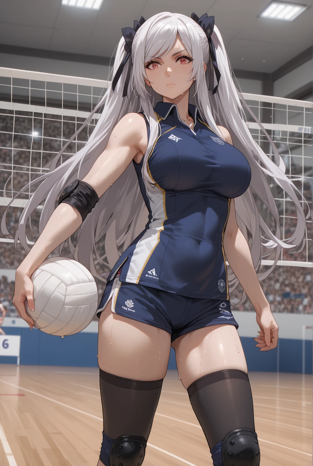 Source anime, Tall girl, Fit girl,score_9, score_8_up, score_7_up, score_6_up, uncensored, alexia midgar, long hair, black hair ribbon, white hair, red eyes, sidelocks, ribbon, huge breast, volleyball_uniform, 1girl, solo,  long_hair, knee_pads, sportswear, elbow_pads, grey_background, shorts, holding, volleyball court, thighhighs, sweat, bandages, breasts, closed_mouth, sleeveless, black_thighhighs, black_shorts, Warmup