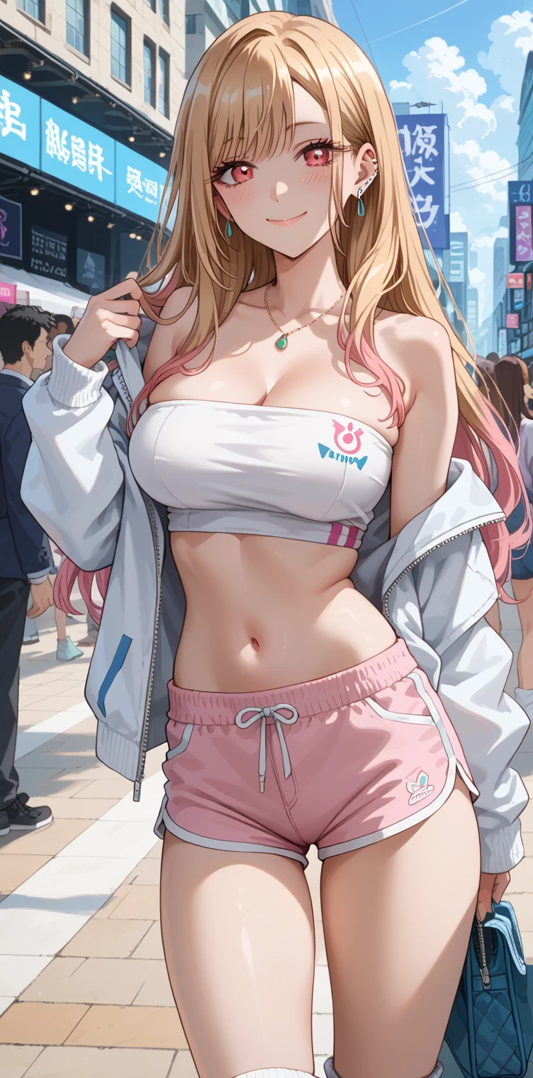  girl,  fit girl , KJOmarin,  blonde hair,  long hair, Pink Eye,  earrings for a woman alone, Ear Piercing,  multicolor hair ,  score_9,  score_8_up,  score_7_up,  source_Anime,   Masterpiece , best quality, Big Breasts, Fancy fixes,White tube top,  white dolphin shorts, belly button,  watch viewers,  standing in the middle of a crowd , Midnight city background , ,  embarrassing, smile, socks, Loose socks,closed mouth,