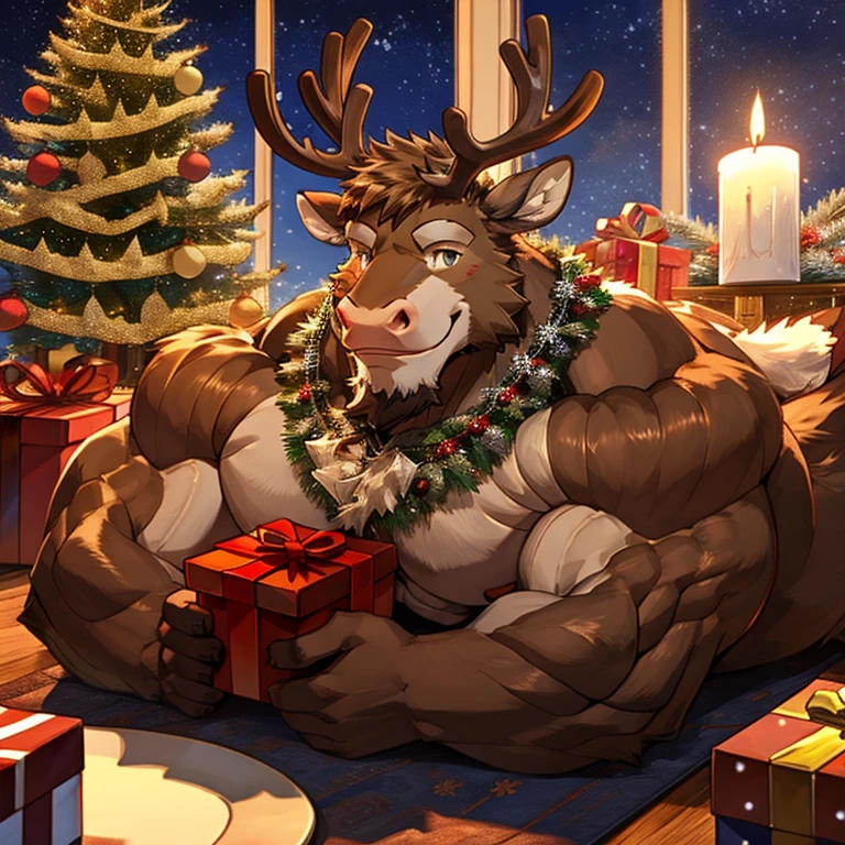 reindeer, ((wearing plaid pajama pants)), shirtless, (topless), sitting on chair, crotch detail, white nike socks, handsome, muscle, bodybuilder, hot, full body, white socks, legs kicked up on coffee table, living room, couch, indoors, ripped underwear, furry, anthro reindeer, brown fur, night, christmas time, chrismtas tree, colorful lights, relaxed setting