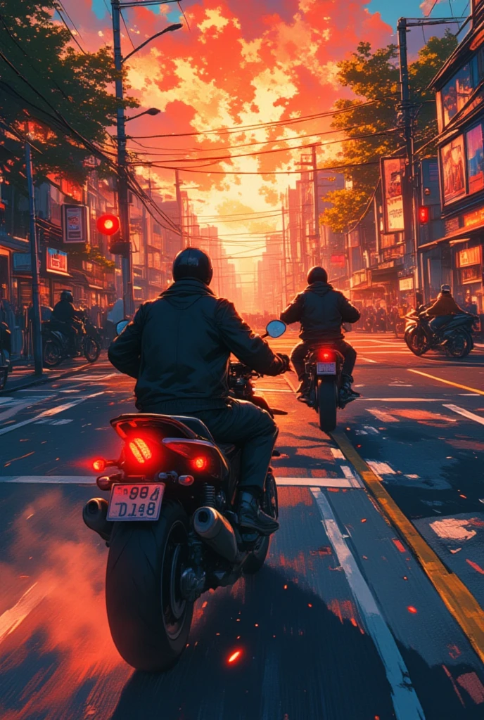  there are men riding motorbikes on a street with a red light,   Movie Screenshot  ,  style of akira motion movie ,  the explosion zoom-out shot from above ,video game screenshot,tail lamp pulling tail ,  LEGO Batman movie color script , anime cinematography 、 colorful afterimage of tail lamp 、pedestrian crossing、 overspeeding motorcycle 