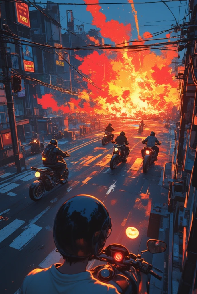  there are men riding motorbikes on a street with a red light,   Movie Screenshot  ,  style of akira motion movie ,  the explosion zoom-out shot from above ,video game screenshot,tail lamp pulling tail ,  LEGO Batman movie color script , anime cinematography 、 colorful afterimage of tail lamp 、pedestrian crossing、 overspeeding motorcycle 