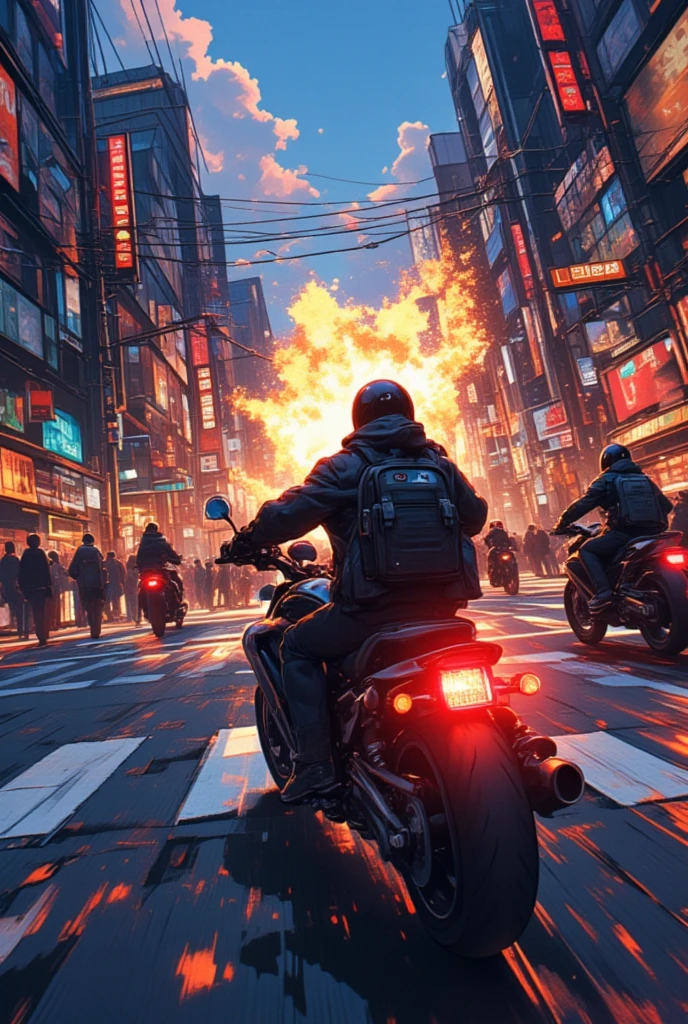  there are men riding motorbikes on a street with a red light,   Movie Screenshot  ,  style of akira motion movie ,  the explosion zoom-out shot from above ,video game screenshot,tail lamp pulling tail ,  LEGO Batman movie color script , anime cinematography 、 colorful afterimage of tail lamp 、pedestrian crossing、 overspeeding motorcycle 