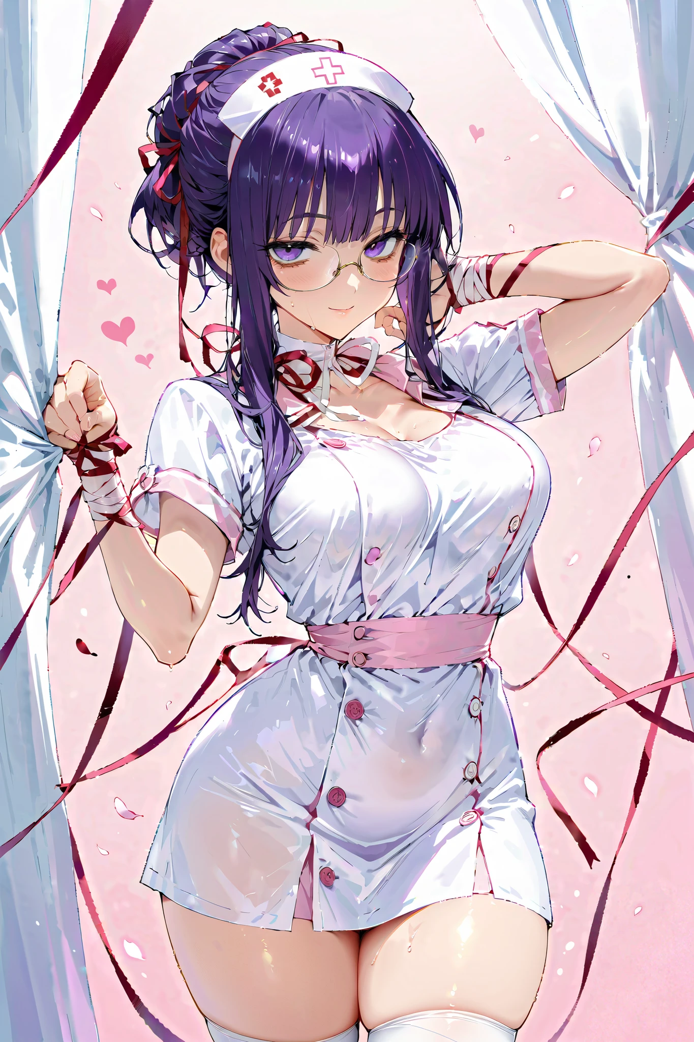 (SFW:1.5), Blindfolded petite mature woman 、nurse clothes in pastel colors、 with frills and an embroidered parasol and smiles bewitchingly、 fighting pose、
Large breasts、detailed hairband, (( chignon hair))、(bags under eyes), Round Glasses, violet hair, cowboy shot,  thick thighs、 simple light background、 heart mark in the eye, (glistening skin), (oily skin), (shiny skin),(half closed eyes), My skin is shaking 、(Obscene lines)、( obscene sound effect)、( entangled in lots of ribbons:1.2),, (Ribbons wrapped around arms :1.3)、 ( ribbons entangled around neck :1.3)、 ( ribbons entangled in legs :1.3)、 light-permeable curtains 、Petals dancing in the air in large numbers 、