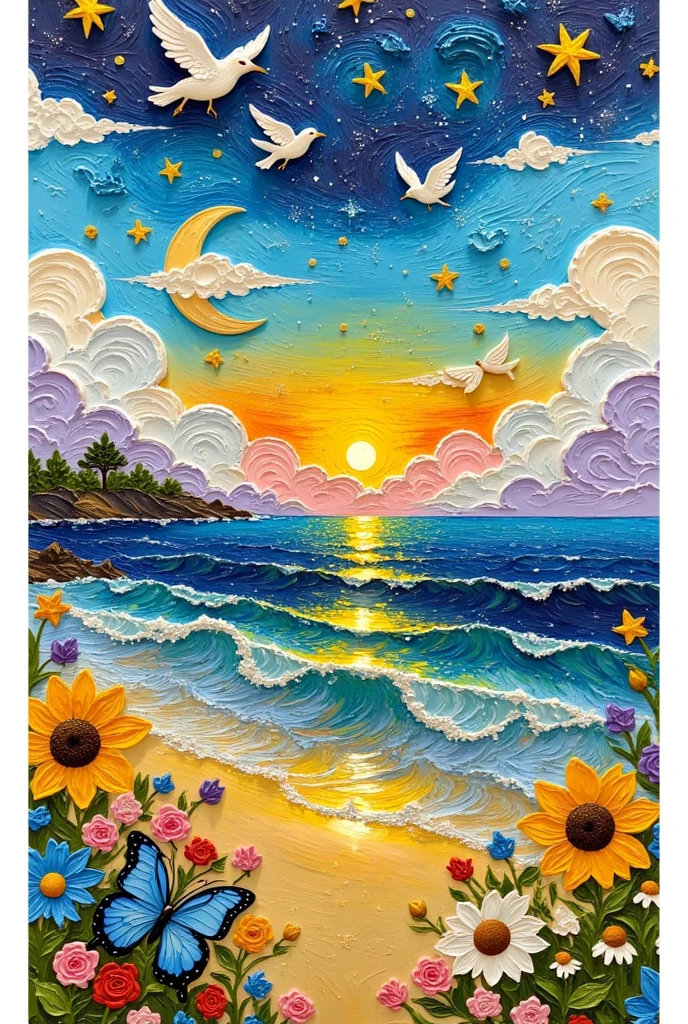 (masterpiece,  best quality :1.2), thick impasto painting masterpiece， airplane , animal, beach, bird, black flower, black Rose, blue Butterfly, blue flower, blue Rose, flower束, Vulnerabilities, Butterfly, Butterfly hair ornament, Butterfly on hand, cloud, flower, green flower, holding flower束, holding flower, 绣球flower, leaf, {{ocean}}, orange flower, pink flower, pink Rose, purple flower, purple Rose, red flower, red Rose, Rose, Rose petals, Seagull, Scribbled, , thorns,  traditional media, tulip, flower瓶, water, white Butterfly, white flower, white Rose, yellow Butterfly, yellow flower, yellow Rose，beach, blue flower, cloud, Earth \(planet\), flower, food, water果, horizon, Island , moon, {{ocean}}, planet, coastal, sunflower, water, watermelon, waves, yellow flower， Artist Name , blue flower, cloud,  Colourful ,  constellation, crescent moon, Earth \(planet\), flower, moon, night, night Sky, {{ocean}}, orange flower, painting \(medium\), planet, shooting Star, Sky, space, Star \(Sky\), Star \(symbol\), , Starry background, Starry Sky, sunflower,  traditional media, water, yellow flower