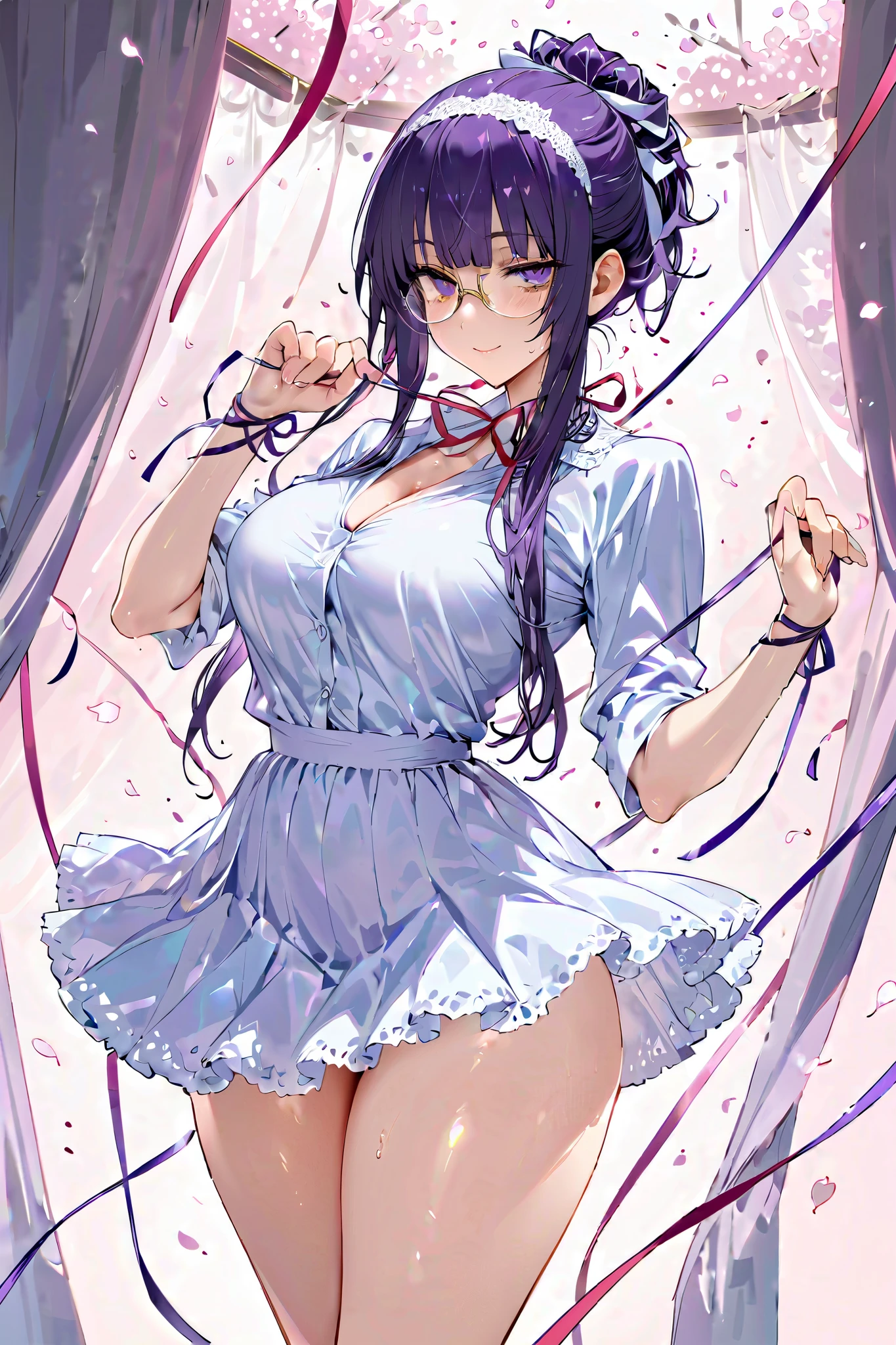 (SFW:1.5), Blindfolded petite mature woman 、office lady costume in pastel colors、 with frills and an embroidered parasol and smiles bewitchingly、 fighting pose、
Large breasts、detailed hairband, (( chignon hair))、(bags under eyes), Round Glasses, violet hair, cowboy shot,  thick thighs、 simple light background、 heart mark in the eye, (glistening skin), (oily skin), (shiny skin),(half closed eyes), My skin is shaking 、(Obscene lines)、( obscene sound effect)、( entangled in lots of ribbons:1.2),, (Ribbons wrapped around arms :1.3)、 ( ribbons entangled around neck :1.3)、 ( ribbons entangled in legs :1.3)、 light-permeable curtains 、Petals dancing in the air in large numbers 、