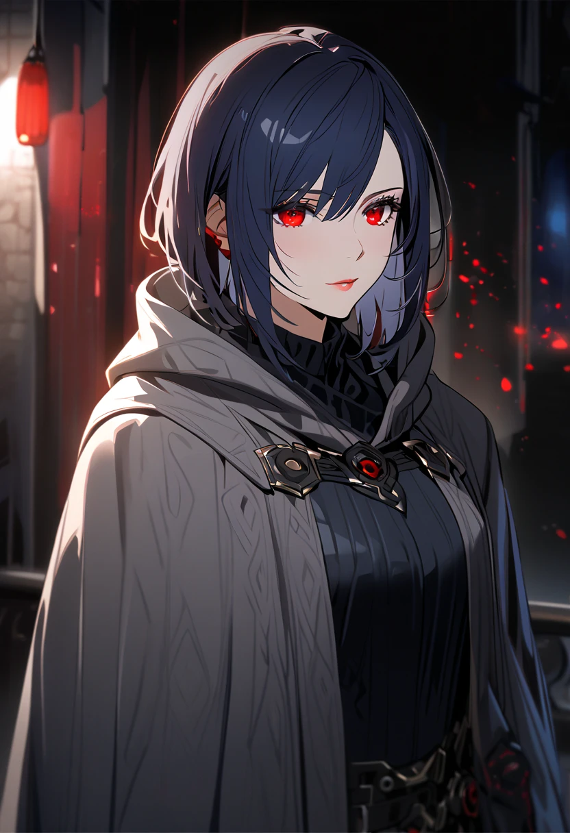 solo, beautiful, 1 mature women, short hair, dark blue hair, red rings eyes, black shirt, grey cloak, night