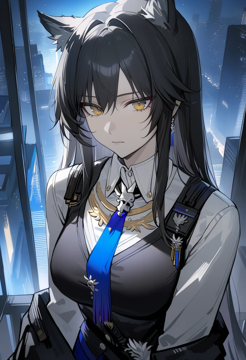  1 girl , Texas the Omertosa \( Arknights ),  Arknights ,  upper body,   with wolf ears ,  black hair,  yellow eyes,  clevis,  expressionless,  white shirt, Black vest,  blue tie,  blue shorts, Night City,  Masterpiece ,  best quality