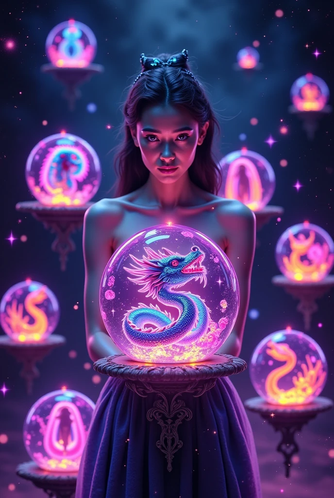 gemini zodiac, seven floating crystal balls, hyperdetailed glossy lit up neon glow. gemini woman with her chinese earth dragon inside a crystal ball. vibrant glowing neon