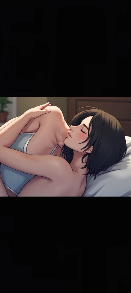 ((Best Quality)), ((Masterpiece)), (detailed),lesbians, a mother and her daughter, naked with only panties, sucking her tits, very gigantic giant tits, lying on a bed with white sheets, sucking each other's tits, lesbian sex, big bodies