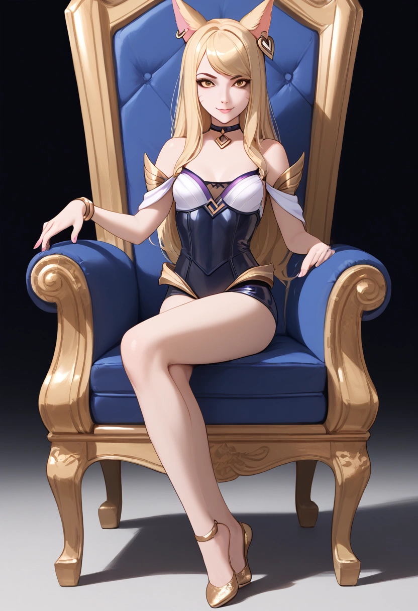 ((full body photo, standing, feet on the ground)) KDA Ahri LoL PD, masterpiece, best quality, (sitting on throne, legs crossed, showing feet, profile photo), highly detailed, score_9, score_8_up, score_7_up, score_6_up, anime font ,BREAK, 2girl, solo, long hair, blue eyes, flower, small breasts, bow, looking at viewer, freckles, parted lips, smile, full body, lips red, lips, leather ballet shoes, side photo, she looks at you, fishnets, white background, neutral cast
