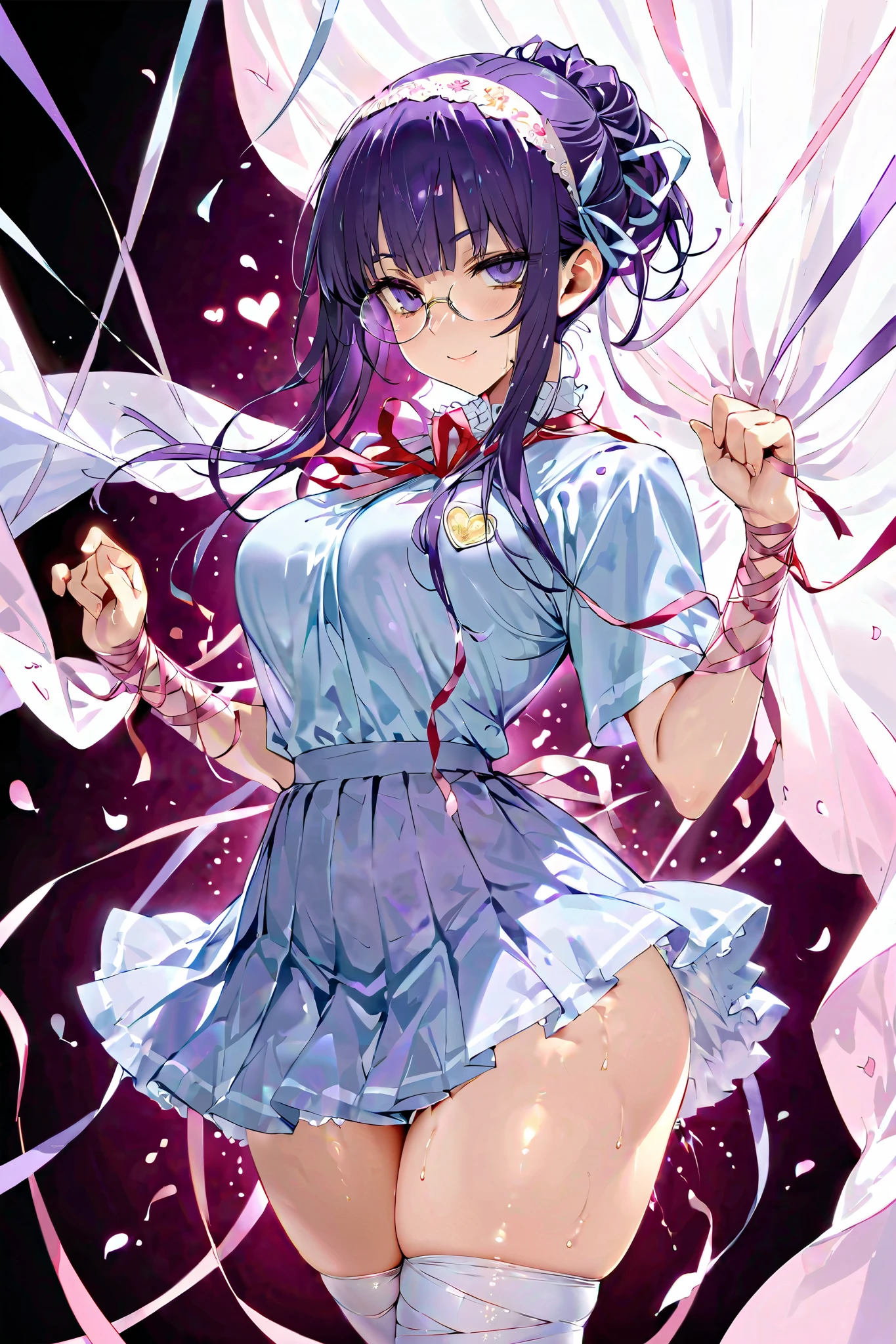 (SFW:1.5), Blindfolded petite mature woman 、Pastel colored school uniforms、 with frills and an embroidered parasol and smiles bewitchingly、 fighting pose、
Large breasts、detailed hairband, (( chignon hair))、(bags under eyes), Round Glasses, violet hair, cowboy shot,  thick thighs、 simple light background、 heart mark in the eye, (glistening skin), (oily skin), (shiny skin),(half closed eyes), My skin is shaking 、(Obscene lines)、( obscene sound effect)、( entangled in lots of ribbons:1.2),, (Ribbons wrapped around arms :1.3)、 ( ribbons entangled around neck :1.3)、 ( ribbons entangled in legs :1.3)、 light-permeable curtains 、Petals dancing in the air in large numbers 、