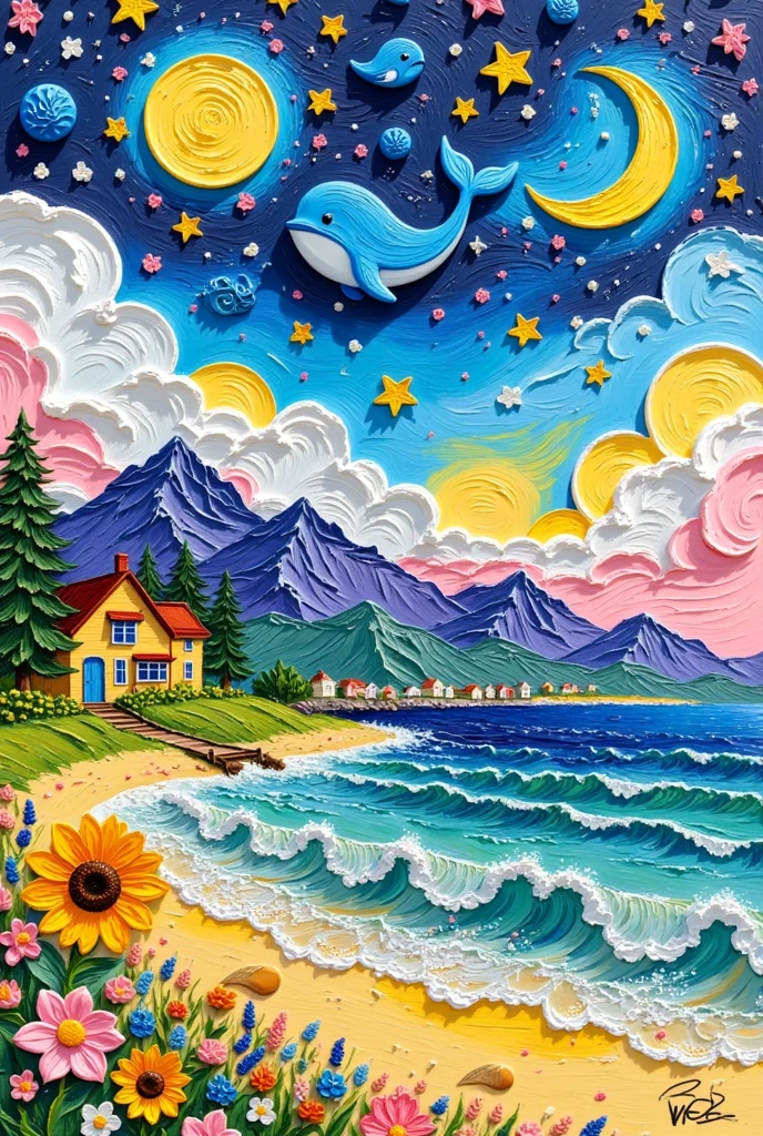 acrylic paint \(medium\), artist name, beach, bird, cake, christmas tree, city, cloud, cloudy sky, constellation, crescent, crescent moon, earth \(planet\), flower, food, horizon, house, island, moon, mountain, night, night sky, no humans, ocean, orange flower, outdoors, painting \(medium\), pink flower, planet, plate, rice, river, seashell, shooting star, signature, sky, space, star \(sky\), star \(symbol\), stash, starry background, starry sky, sunflower, traditional media, tree, water, waves, whale, white flower, yellow flower