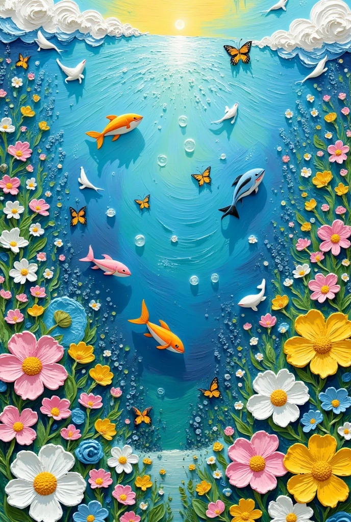 air bubble, artist name, bubble, bug, butterfly, fish, flower, food, leaf, long hair, painting \(medium\), pink flower, signature, solo, traditional media, underwater, white flower, yellow flower