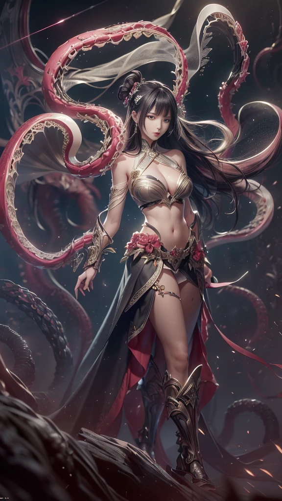( High quality , Ultra-detail, carefully with your hand )tarot card, chiaroscuro technique on sensual illustration of an queen of sword, a teenage fashion model wearing an exo-skeleton mask, vibrant colors, futuristic cyberpunk style, intricate details, cinematic lighting, dramatic pose, an elegant complex bio mechanical onyx and gold, intricate details, official art, unity 8k wallpaper, ultra detailed, beautiful and aesthetic, (in a room with black walls illuminated by violet neon lights :1.1)