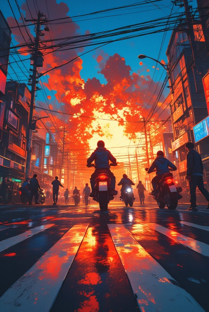  there are men riding motorbikes on a street with a red light,   Movie Screenshot  ,  style of akira motion movie ,  the explosion zoom-out shot from above ,video game screenshot,tail lamp pulling tail ,  LEGO Batman movie color script , anime cinematography 、 colorful afterimage of tail lamp 、pedestrian crossing、 overspeeding motorcycle 