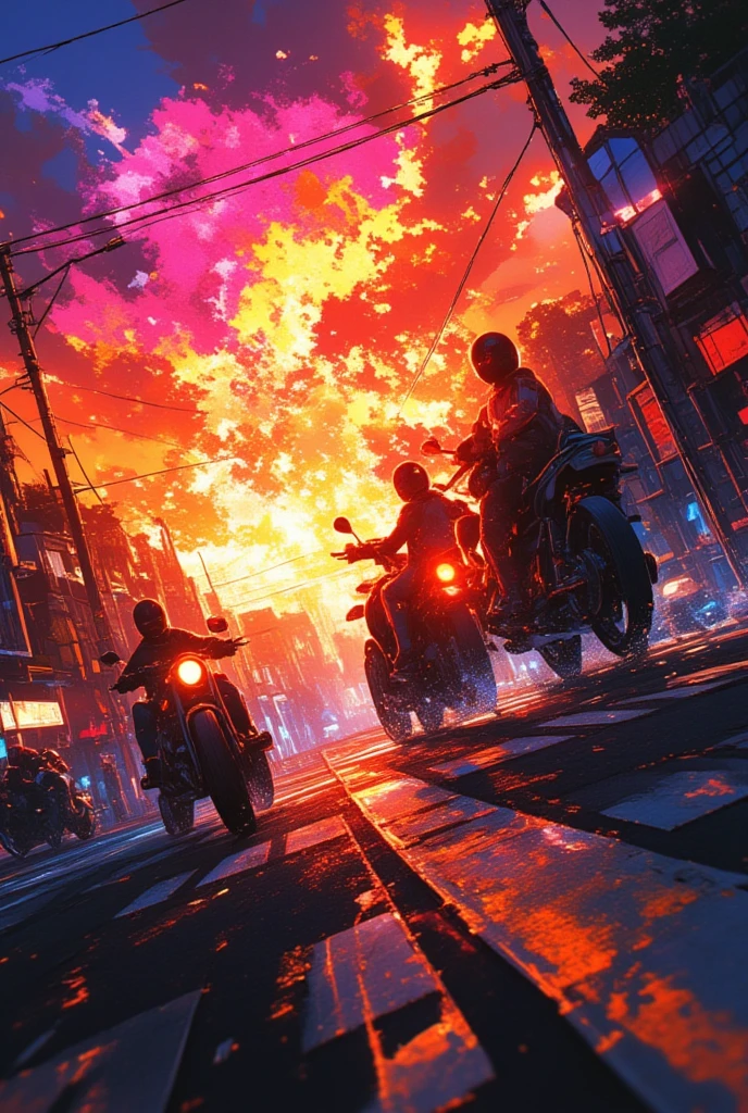  there are men riding motorbikes on a street with a red light,   Movie Screenshot  ,  style of akira motion movie ,  the explosion zoom-out shot from above ,video game screenshot,tail lamp pulling tail ,  LEGO Batman movie color script , anime cinematography 、 colorful afterimage of tail lamp 、pedestrian crossing、 overspeeding motorcycle 