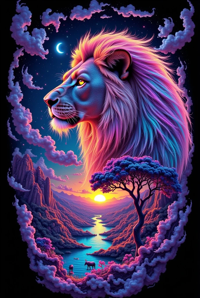  A majestic lion's head, meticulously sculpted with precise detail, is set against a vibrant, star-studded night sky with a luminous crescent moon, in a double exposure style that blends realism with an ethereal ambiance, evoking the works of Troy Paiva. The lion's regal profile is accentuated by a soft, luminescent glow emanating from its mane, where shimmering, iridescent fibers seem to shimmer and undulate like the aurora borealis. Its intense, piercing gaze is fixed directly on the viewer, drawing inspiration from the dramatic, introspective portraiture of Kehinde Wiley, with a sense of quiet power and ancient wisdom. Within the lion's mane, a lush, vibrant African savanna unfolds, bathed in the warm, golden light of a setting sun, as if envisioned by the fantastical, dreamlike landscapes of Rovina Cai. Roaming elephants, towering acacia trees, and an array of exotic flowers sway gently in the breeze, their delicate petals and leaves infused with a soft, warm glow, as if illuminated by the embers of a dying sun. vibrant glowing neon