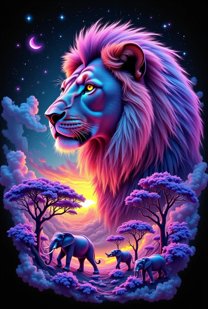  A majestic lion's head, meticulously sculpted with precise detail, is set against a vibrant, star-studded night sky with a luminous crescent moon, in a double exposure style that blends realism with an ethereal ambiance, evoking the works of Troy Paiva. The lion's regal profile is accentuated by a soft, luminescent glow emanating from its mane, where shimmering, iridescent fibers seem to shimmer and undulate like the aurora borealis. Its intense, piercing gaze is fixed directly on the viewer, drawing inspiration from the dramatic, introspective portraiture of Kehinde Wiley, with a sense of quiet power and ancient wisdom. Within the lion's mane, a lush, vibrant African savanna unfolds, bathed in the warm, golden light of a setting sun, as if envisioned by the fantastical, dreamlike landscapes of Rovina Cai. Roaming elephants, towering acacia trees, and an array of exotic flowers sway gently in the breeze, their delicate petals and leaves infused with a soft, warm glow, as if illuminated by the embers of a dying sun. vibrant glowing neon