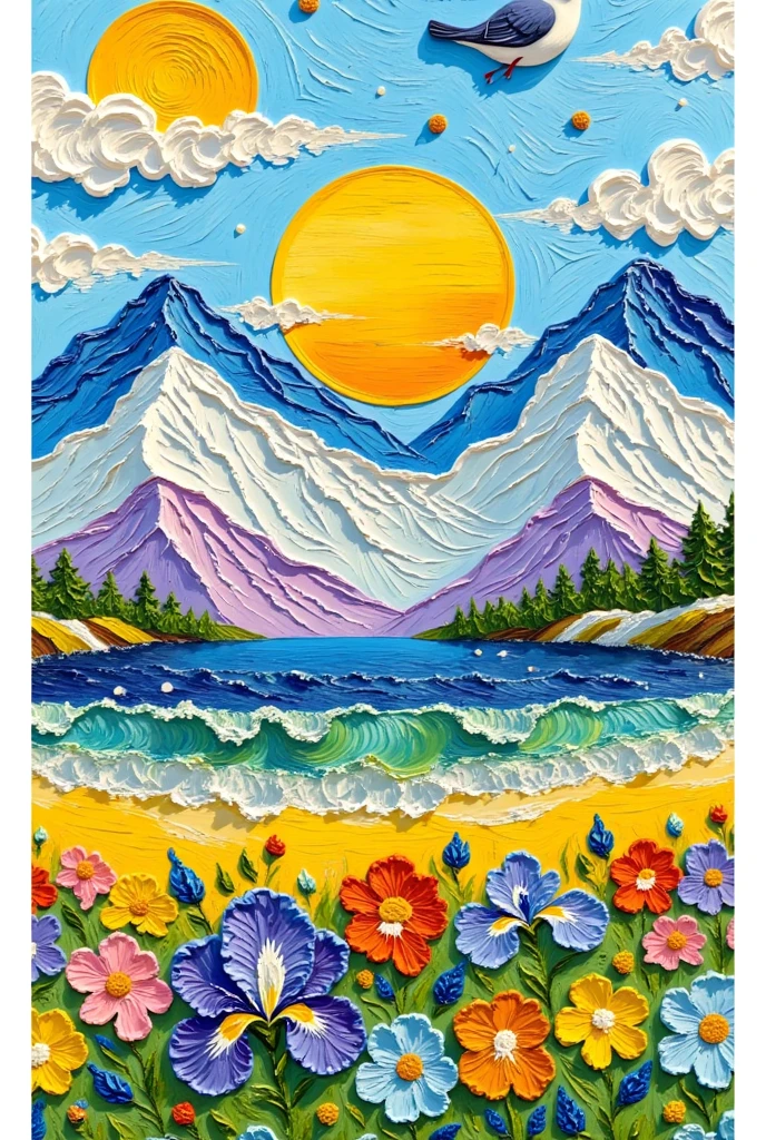 artist name, bird, blue bow, blue flower, blue rose, blue sky, bouquet, cloud, colorful, daisy, day, flower, food, fruit, grass, hydrangea, ice, leaf, moon, morning glory, mountain, no humans, ocean, orange \(fruit\), orange flower, outdoors, painting \(medium\), petals, pink flower, planet, plant, purple flower, rainbow, rose, sky, sunflower, traditional media, tree, water, white flower, yellow flower, yellow rose