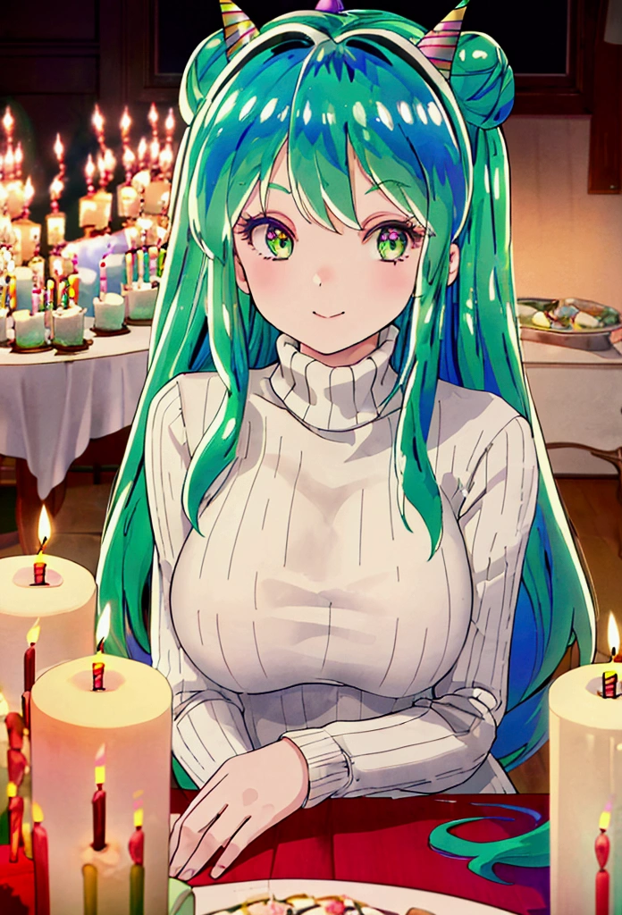 ( best quality, masterpiece,  super high resolution,  super detailed:1.2) ,( ONE GIRL ),( fine skin ),(((Breathe))),beautiful green hair,Bun Hair,I'm wearing a warm turtleneck knit sweater,(((Birthday Party))),(((Breathe and put out the candles1.9))),Large mansion,motion blur, best smile,((Busty))