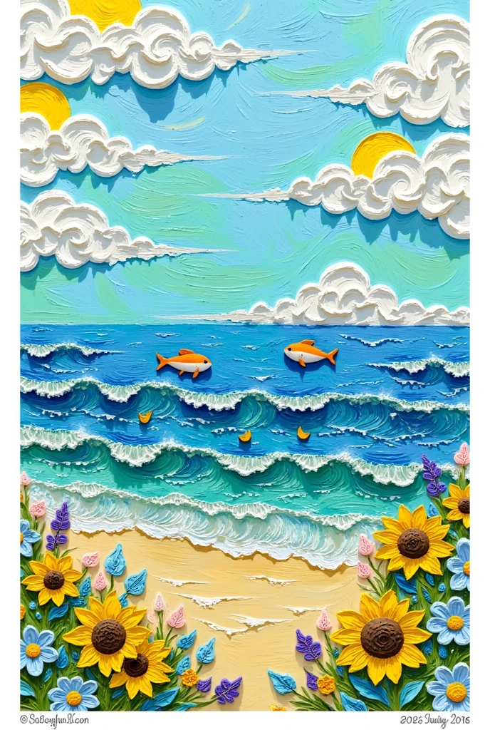 artist name, beach, caustics, cloud, day, english text, fish, flower, marker \(medium\), no humans, ocean, outdoors, painting \(medium\), pokemon \(creature\), signature, sky, sunflower, traditional media, underwater, water, watermark