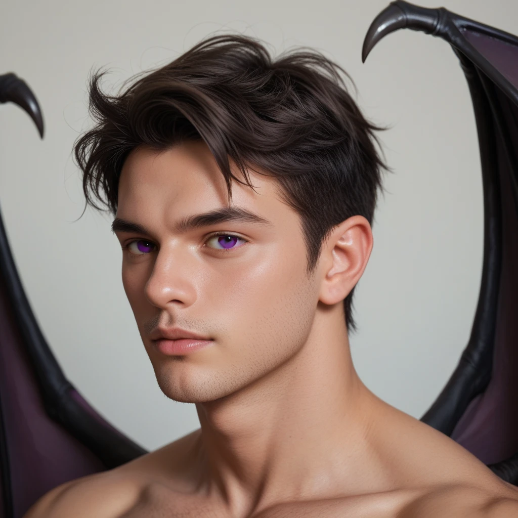  Make me an image of a man with short black hair .  The man is dark brown and has purple eyes .  He has elf ears and very large bat wings on his back , the wings come out of his scapulae .  The boy has a tough expression on his face .  The man is in profile but with his head slightly turned to the camera.  anime style