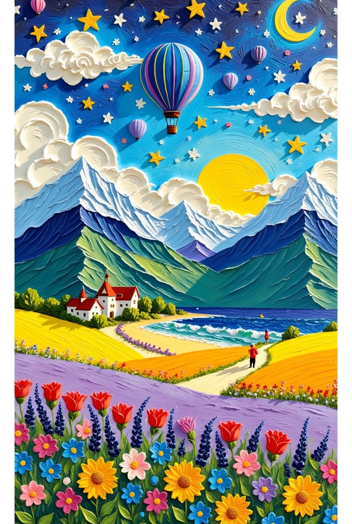 artist name, ball, balloon, beach, blue flower, bouquet, bridge, building, castle, city, cloud, cloudy sky, crescent moon, daisy, day, door, earth \(planet\), field, flower, flower field, food, full moon, grass, hibiscus, house, hydrangea, island, leaf, lily \(flower\), moon, mountain, night, no humans, ocean, orange flower, outdoors, painting \(medium\), palm tree, petals, pink flower, planet, plant, purple flower, red flower, river, rose, scenery, sky, star \(sky\), sun, sunflower, tower, traditional media, tree, water, white flower, yellow flower