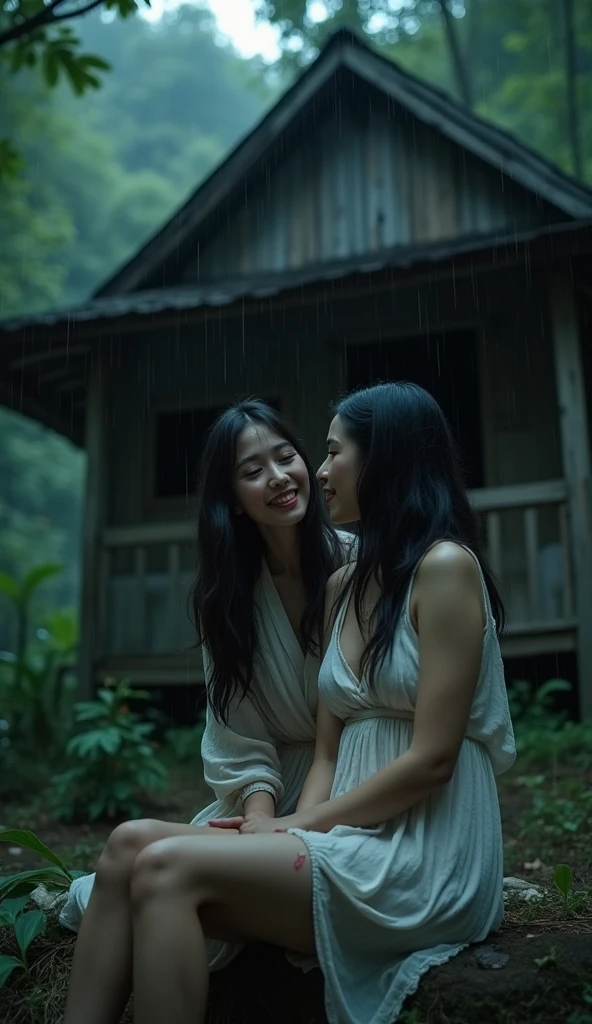 A beautiful naked dark skinned lady demon with a pair of bat wings passionately embraces and kisses a beautiful naked Asian lady angel with a pair of white wings in a disheveled robe on top of a mountain at night during a thunderstorm.