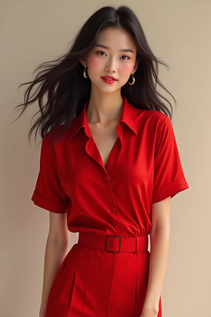 There is a woman in a red top and skirt posing for a picture - SeaArt AI