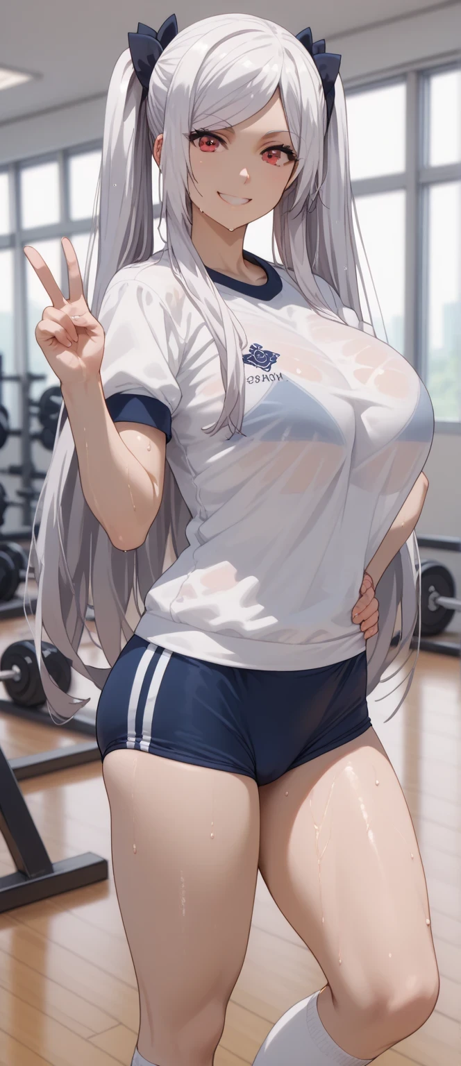 Source anime, Tall girl, Fit girl,score_9, score_8_up, score_7_up, score_6_up, uncensored, alexia midgar, long hair, black hair ribbon, white hair, red eyes, sidelocks, ribbon, huge breast, 1girl, solo, twintails, buruma, gym_uniform, blue_buruma, gym school backgrounds, simple_background, looking_at_viewer, long_hair, shirt, short_sleeves, peace, v, pose, white_shirt, standing, smile, sweaty, white socks, long socks, whole body