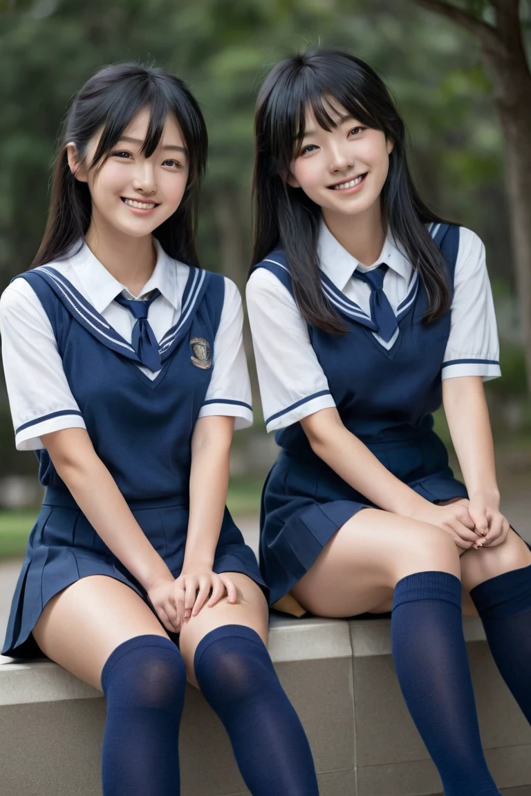  high school girl　 sexy　clear　 black hair　Navy blue knee socks　 Shortcut　A little more delicately 　Skin tone Brown 　smile　Two people　Good facial accuracy