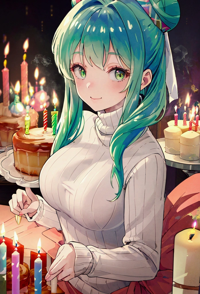 ( best quality, masterpiece,  super high resolution,  super detailed:1.2) ,( ONE GIRL ),( fine skin ),(((Breathe out 1.9))),beautiful green hair,Bun Hair,I'm wearing a warm turtleneck knit sweater,(((Birthday Party))),(((Breathe and put out the candles1.9))),Large mansion,motion blur, best smile,((Busty))