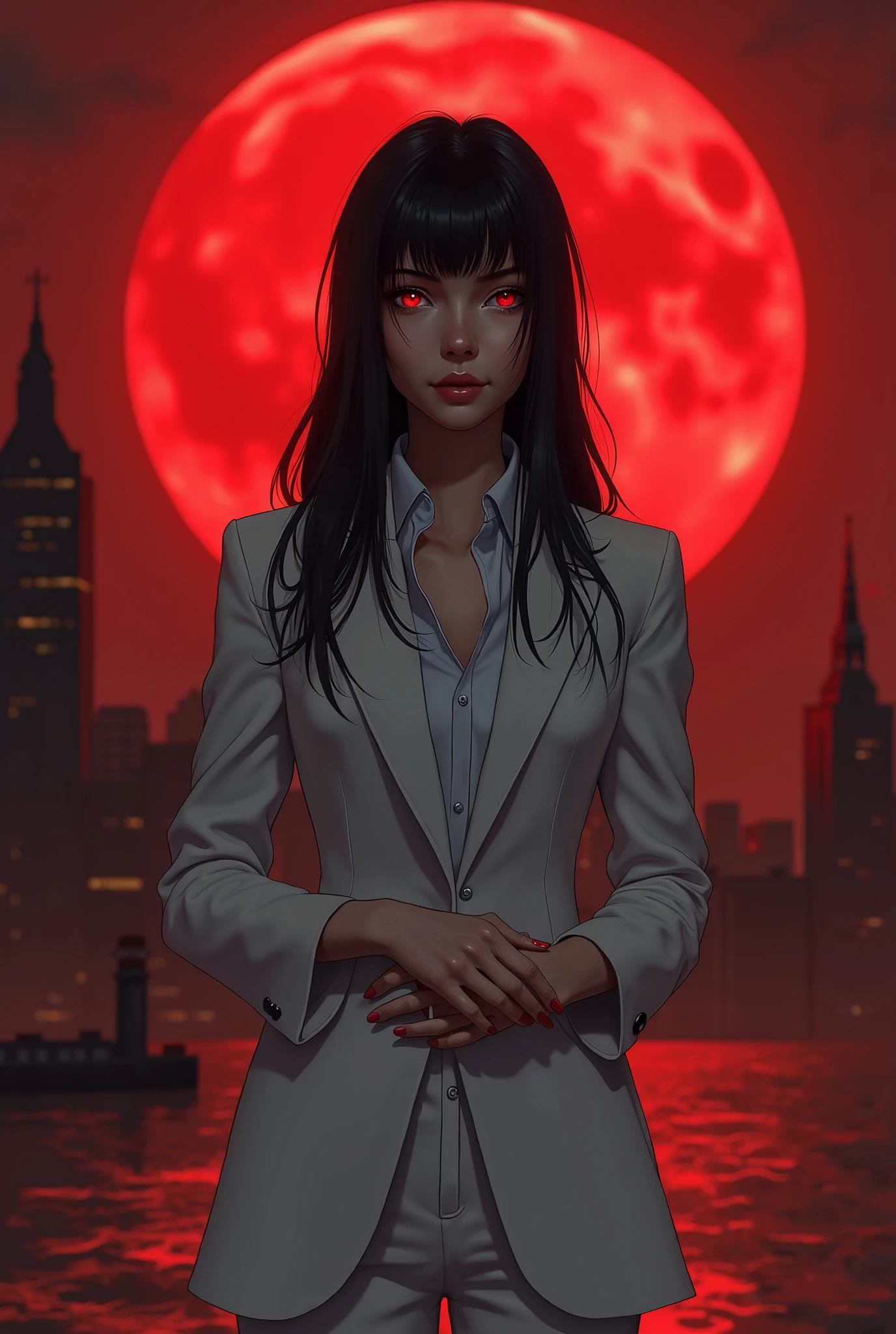  European girl,  long black hair , fringe, pale skinned tom, Red eyes , smiling,  Big breasts , without lipstick,  hands around waist , wearing a white blazer, white coat,  long sleeve white shirt, white pants, brown shoes, standing, alone, scenario, Red sky, Red Moon behind , city at night,  high resolution .