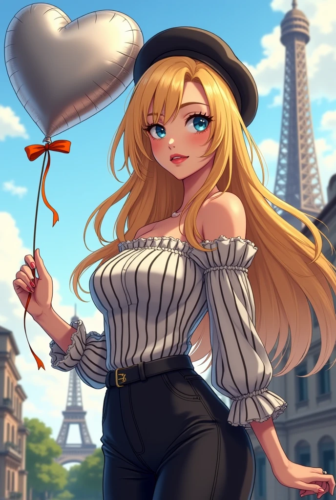 Serena, a 25-year-old blond haired woman, Muy , very long to her , is tied in a half tail with an orange ribbon, her hair moves with air , very beautiful with a curvilinear body , , red and sensual lips, smile , her fringe split in half falls on her blue eyes , , dressed as a cuddle in the city of Paris. . black flared pants and long sleeve striped blouse, white with black and a beret on her hair, with a silver heart-shaped helium balloon in his hands.. almost realistic image , anime style of the 90s xxx for adults ... In the background the city and the Iffel Tower