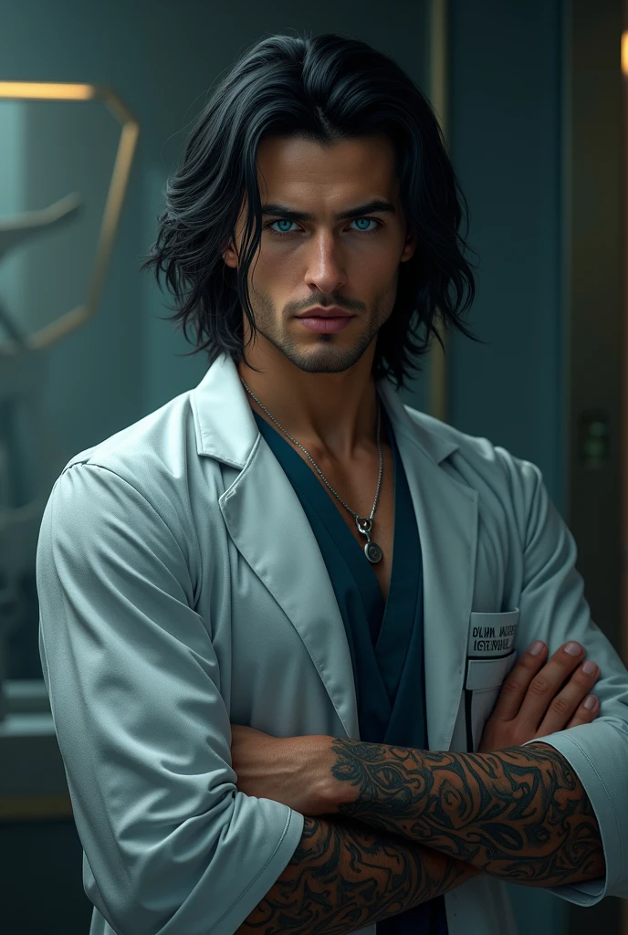 Dark-skinned man, Long dark blue hair, doctor coat, strong, Green Eyes