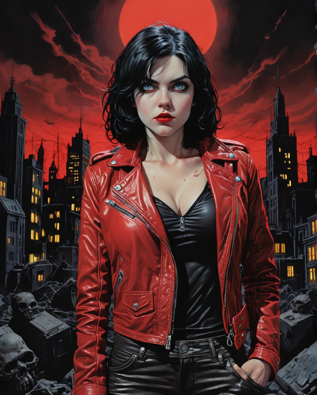 (One Person:1.6), (A Gorgeous 25 Years Old British Female Vampire Mercenary), (Wavy Bobcut Black Hair:1.4), (Pale Skin:1.4), (Sapphire Blue Eyes), (Wearing Red Leather Jacket, Black V-Neck Inner Shirt, and Black Tight Pants:1.4), (City Buildings at Night with Moonlight), (Crossing Arms Pose:1.4), Centered, (Waist-up Shot:1.4), From Front Shot, Insane Details, Intricate Face Detail, Intricate Hand Details, Cinematic Shot and Lighting, Realistic and Vibrant Colors, Masterpiece, Sharp Focus, Ultra Detailed, Taken with DSLR camera, Realistic Photography, Depth of Field, Incredibly Realistic Environment and Scene, Master Composition and Cinematography, castlevania style,castlevania style., maximalist art, by Moebius and Hariton Pushwagner, (ambient occlusion, masterful, beautiful), poster art, bold lines, hyper detailed, expressive, award winning, (landscape:1.4), (intricate details, masterpiece, best quality:1.4), looking at viewer, dynamic pose, wide angle view, in the style of nicola samori , futuristic style, sleek, ultra modern, high tech, ornate by Moebius and by Marc Simonetti, clean lines, geometric shapes, Minimalist color scheme of red and cyan mkitdecy, rust, cracks brutalism, style by Tom Jung and Drew Struzan and Tim and Greg Hildebrandt, ((style by artgerm and Greg Manchess and Ilya Kuvshinov))