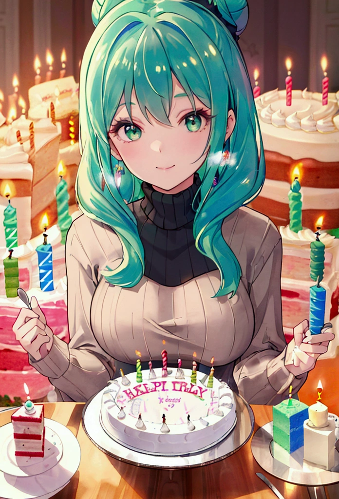 ( best quality, masterpiece,  super high resolution,  super detailed:1.2) ,( ONE GIRL ),( fine skin ),(((Breathe out 1.9))),beautiful green hair,Bun Hair,I'm wearing a warm turtleneck knit sweater,(((Birthday Cake))),(((Breathe and put out the candles1.9))),Large mansion,motion blur, best smile,((Busty))