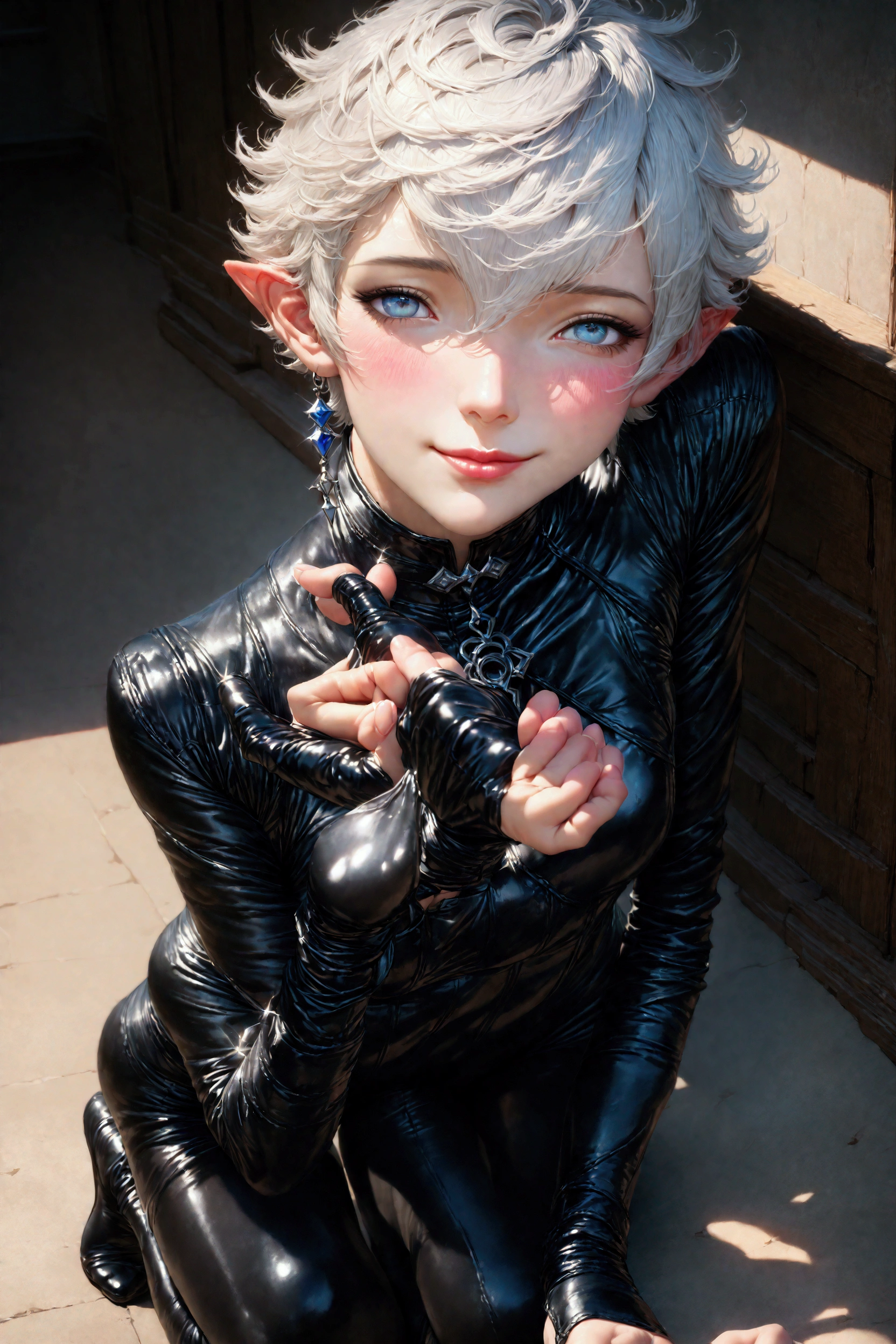 alphinaud leveilleur,elezen,cute boy,shy,blushing,wearing black shiny latex catsuit,full body,soft shiny beautiful latex material,glossy,magnificent,posing embarrassed,blushing,flus-tered,smiling,(best quality:1.2),ultra-detailed,(realistic:1.37),physically-based rendering,professional,vivid colors,portraits,shiny black,subtle shade,soft lighting,deep shadows,colossal depth,endearing expression,sweet demeanor,delicate facial features,mesmerizing eyes,dewy lips,flawless complexion,charming demeanor,nervously playing with fingers,quiet backdrop,subdued colors,subtle blush on cheeks,natural pose,gentle smile,gentle lighting,subtle reflections from the latex,captivating charm,shy innocence, irresistible cuteness