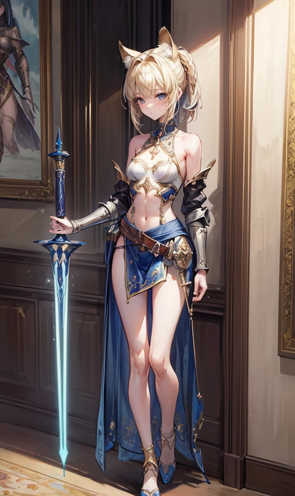 Woman knight、a beauty girl、huge tit、One-handed sword in right hand、A small shield in his left hand、Leotard Armor、s Armor、Nice Buddy、Armourny Boots、silber hair、gauntlets、Armor shoulder rest、is standing、full body seen、Navel out、gorgeous、in a castle、hair adornments、bra very、cleavage of the breast、Wink with a smile、