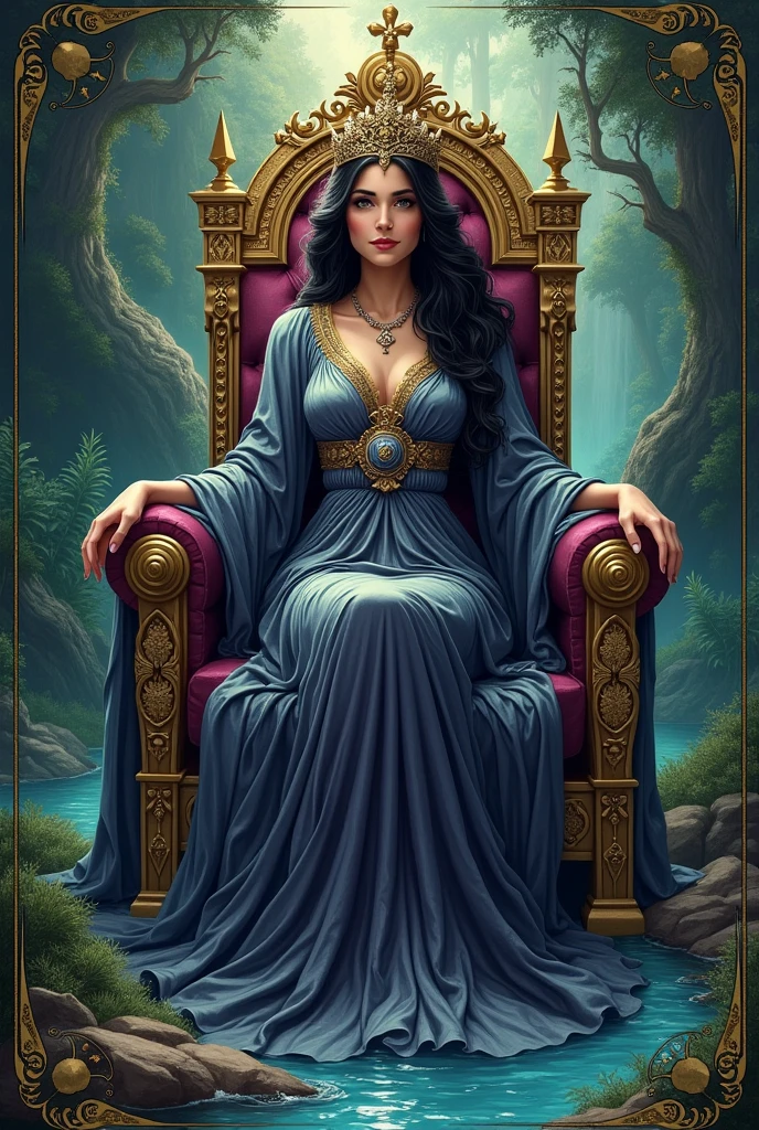 a woman dressed as a sorceress, long turquoise blue  robe. with a setro in her hand, with her crown on her head, perched on a beautiful throne, behind her she has a portal open to another dimension.