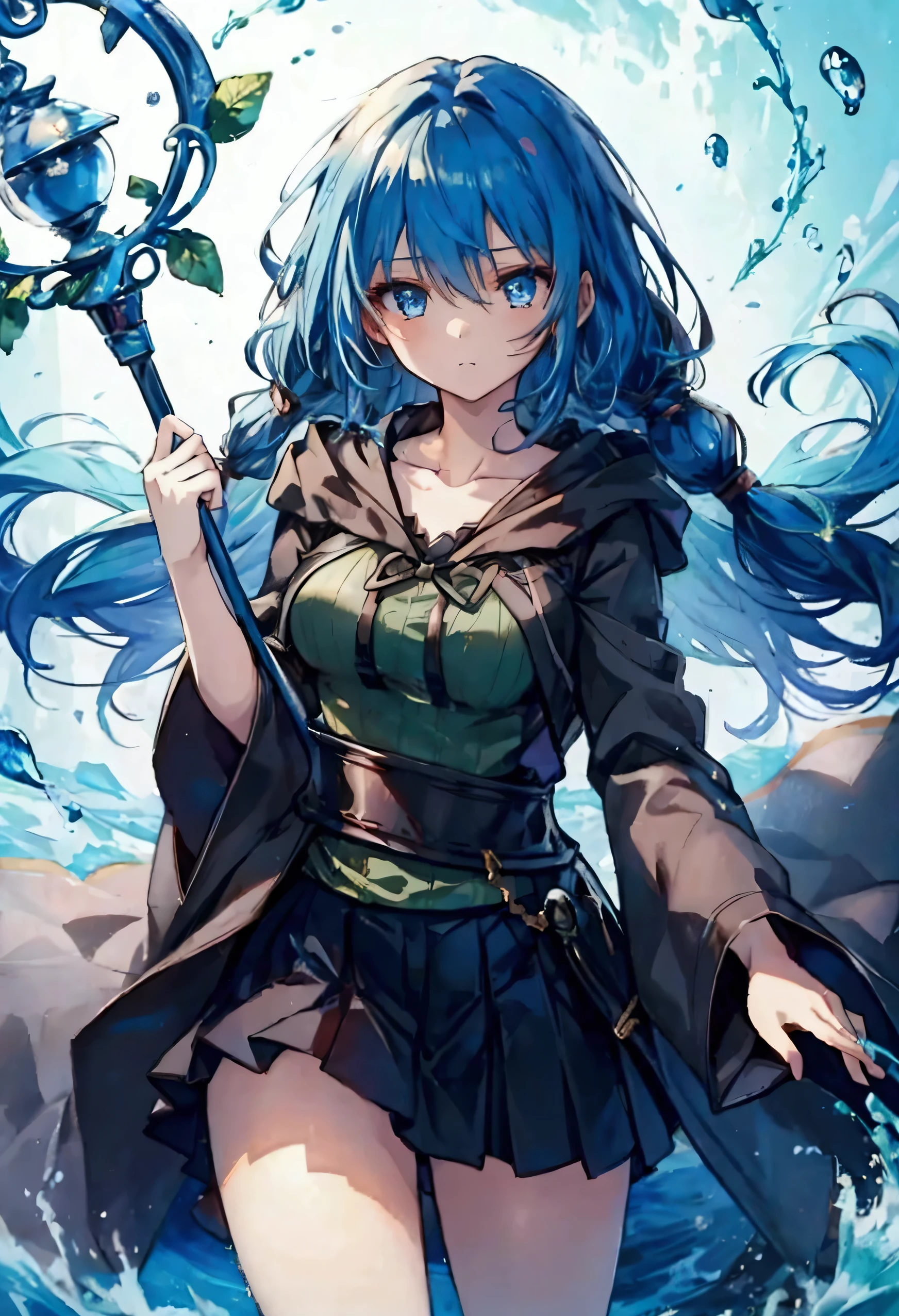 eria ygo , masterpiece, best quality, ultra high quality cg, yushui, 1girl, solo, long hair, looking at viewer, skirt, shirt, long sleeves, hair between eyes, medium breasts, closed mouth, collarbone, cowboy shot, pleated skirt, open clothes, hood, wide sleeves, black skirt, blue background, staff, robe, green shirt, ribbed shirt, open robe, hooded robe