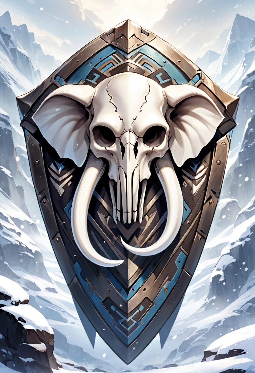 winter tribal fantasy shield bone-like, with a elephant anatomically correct skull in the center, prespective from frontwards
