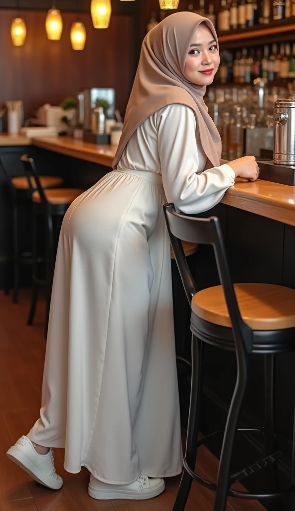 best quality, masterpiece, highres, (moslem female dress:1.4)Beautiful face, (full body), tyndall effect, photorealistic, dark studio, rim lighting, two tone lighting, dslr, soft lighting, volumetric lighting, candid, Photograph, high,Bokeh, (hyperrealistic girl), (illustration), (extremely detailed), (best illustration), (beautiful detailed eyes), (best quality), (ultra-detailed), (photorealistic), (natural light), (detailed face), (high detailed realistic skin texture), (anatomically correct), (solo), (1 girl), (heterochromic eyes), (detailed eyes), (sparkling eyes), (long legs), (dynamic pose), (concentrated expression), (wearing hijab:1.4), (moslem headscarf:1.37), reading glasses.holding cup of coffe, sitting pose, smile nicely, perfect body, show tigh, cafe background under the lamp