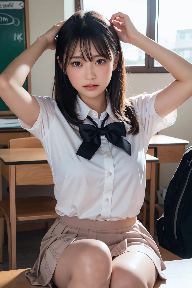 masterpiece, Highest quality, 8k, Young and beautiful girl, Baby Face、The clothes are big、photo shoot, Cute Face, Thighs, Bright classroom, (((Embarrassing)))、Embarrassing、No makeup, 10 generations, Detailed face, Background Blur、Tight waist、((((School uniforms、White shirt、Checked mini skirt、Lift up your skirt、Showing panties、Show me your underwear)))), Straight hair、Light brown hair、(((Please lift up your skirt sadly)))、Bright classroom、Thighs、((Show me your panties))、(((lift her skirt yourself)))、Pussy、