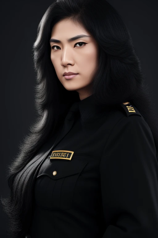 jet black hair,most very long hair,most very lion hair,most very wolf hair,most very frizzy hair,coarse hair,most very spread hairstyle,thick hair,fluffy hair,most very heavy weight hair,hair covering left eye,heavy looking hairstyle,most very voluminous hair,shiny jet black hair,female jail officer,black uniform,a heavy-looking uniform,black pants,tall woman,1 Japanese woman,woman's height 2.2m,most very strong face,most very angry face,black eyes,very close-up to face,most very muscle body,most very beautiful face,show more hair,high resolution,white background