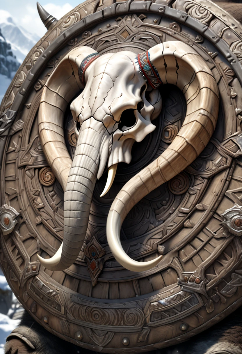 a tribal winter fantasy shield, elephant skull anatomically correct at the center, detailed, intricate, ornate, bone-like textures, weathered, worn, (best quality,4k,8k,highres,masterpiece:1.2),ultra-detailed,(realistic,photorealistic,photo-realistic:1.37),fantasy,tribal,winter,shield,elephant skull,anatomically correct,center,perspective from front,detailed,intricate,ornate,bone-like textures,weathered,worn