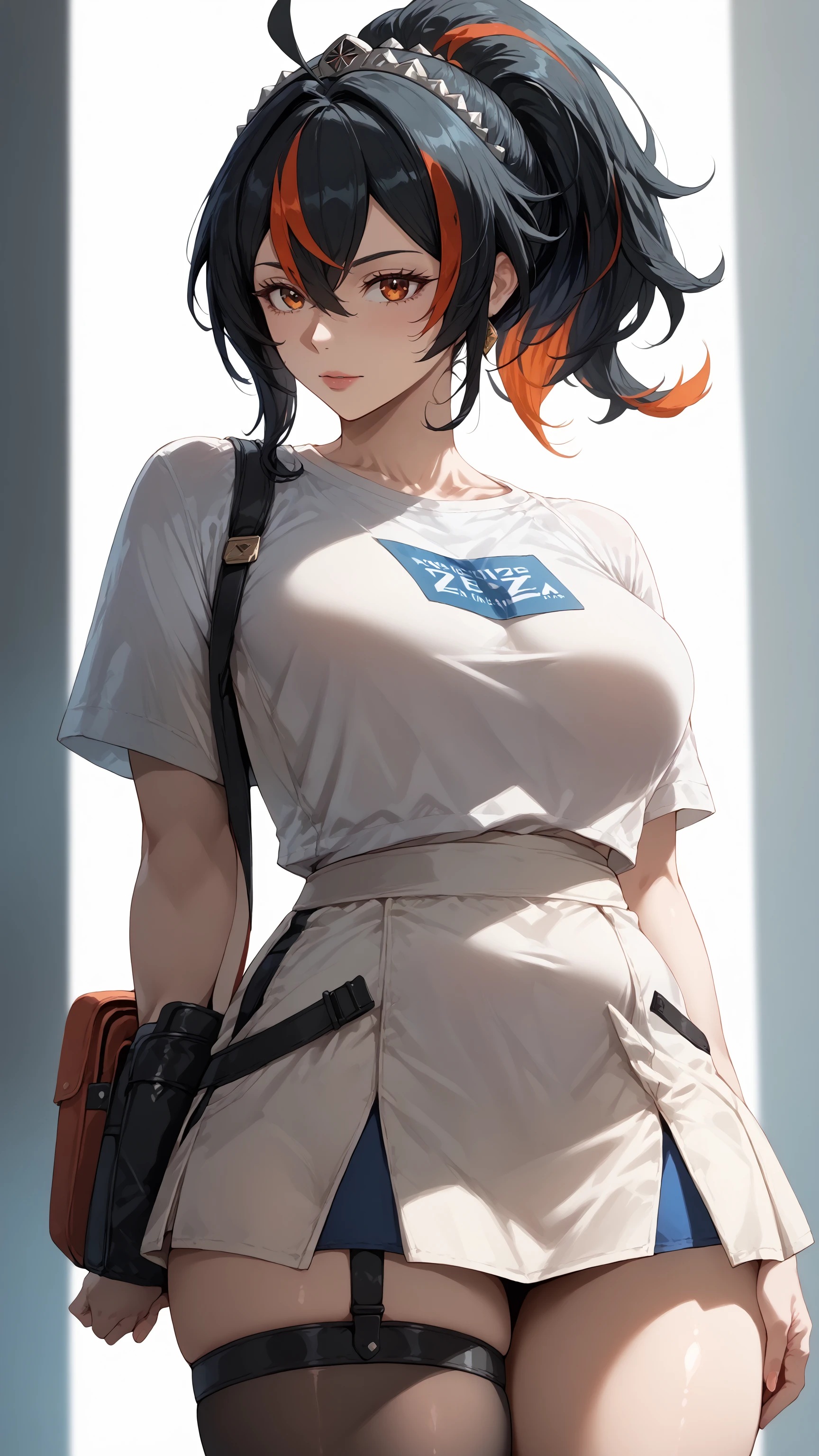 ((best quality)), masterpiece,looking at viewer,full body,arms behind back Zhu Yuan from Zenless Zone Zero, with ponytail hair featuring black hair, STREAKED HAIR AT THE MIDDLE HAIR. She possesses a perfect body with notably large breasts, standing upright and making direct eye contact with the viewer.white slimfit tshirt,white skirt, with her arms elegantly positioned behind her back, showcasing long, enticing legs.