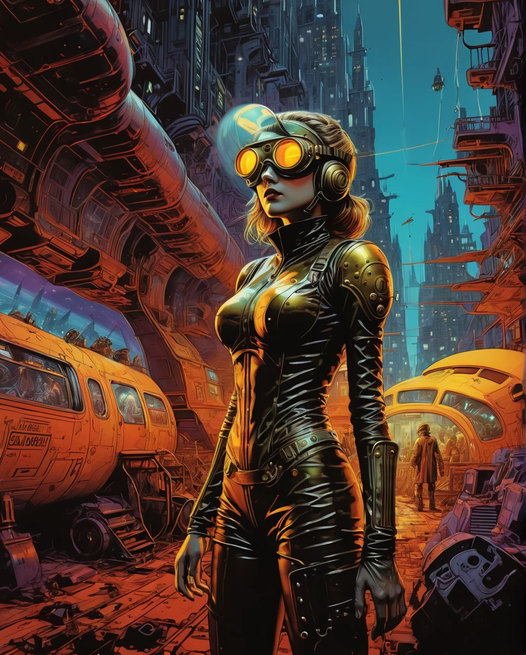 A girl in an atompunk city, wearing a futuristic outfit, with glowing neon lights reflecting on her metallic, high-tech goggles and visor. She is holding a vintage raygun in her hand and standing in front of a retro-futuristic vehicle. The cityscape is filled with towering skyscrapers adorned with art deco designs, and floating advertisements showcasing advanced technology. The streets are bustling with people wearing steampunk-inspired clothing, and there are airships soaring through the sky. The overall scene is bathed in a vibrant color palette, with a mix of cool blues and purples contrasting with the warm hues of the neon lights. The lighting is dramatic and dynamic, casting long shadows and emphasizing the futuristic elements in the scene. The image quality is (best quality, ultra-detailed, realistic:1.37), with sharp focus and vivid colors. The art style is a combination of steampunk and cyberpunk, with intricate details and a sense of technological advancement...., maximalist art, by Moebius and Hariton Pushwagner, (ambient occlusion, masterful, beautiful), poster art, bold lines, hyper detailed, expressive, award winning, (landscape:1.4), (intricate details, masterpiece, best quality:1.4), looking at viewer, dynamic pose, wide angle view, in the style of nicola samori , futuristic style, sleek, ultra modern, high tech, ornate by Moebius and by Marc Simonetti, clean lines, geometric shapes, Minimalist color scheme of red and cyan
mkitdecy, rust, cracks brutalism, style by Tom Jung and Drew Struzan and Tim and Greg Hildebrandt, ((style by artgerm and Greg Manchess and Ilya Kuvshinov))