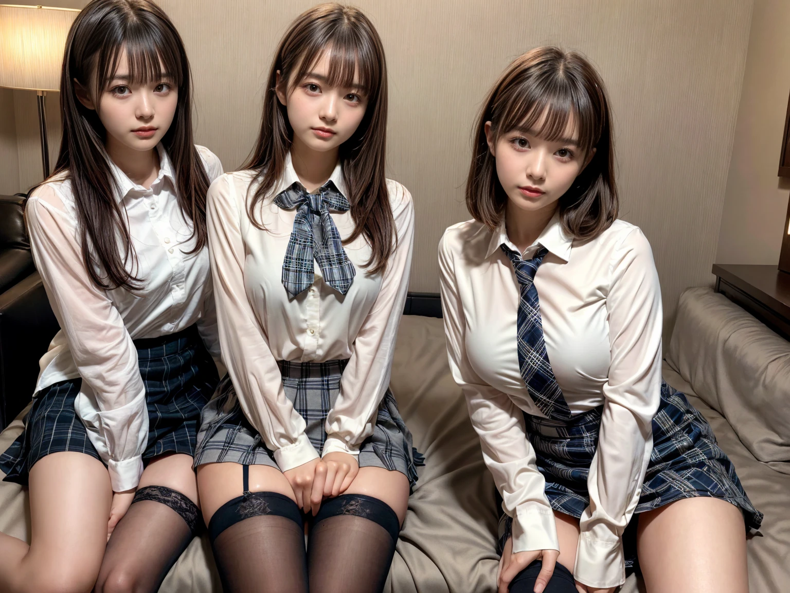 masterpiece, best quality, illustration, Super detailed, fine details, High resolution, 8K,wall paper, perfect dynamic composition,(Details High quality, realistic depiction of eyes:1.3), (2 girls), High school girl uniform、blazer 、Super Short Check Uniform Skirt、Navy blue high socks、garterbelts、Colossal tits, sitting, open legs, short bob hair, in a hotel room in the background, deep on field, large breasts, black hair color, Big Natural Color Lip, (perfect body shape), crying a little、Harajuku style、20 year old girl、cute type、beautiful legs, Gravure Idol